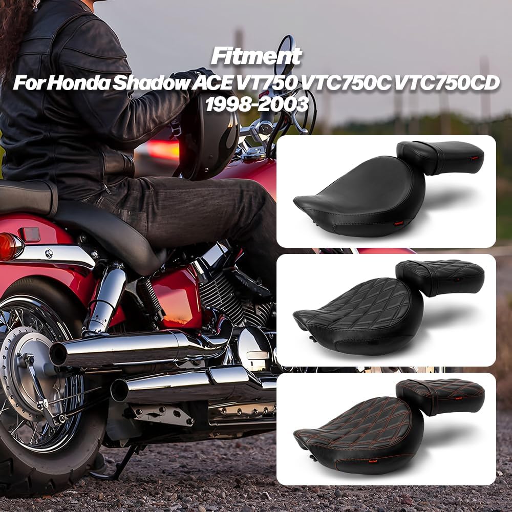 Motorcycle Driver Passenger Seat with Diamond Pattern Stitching Compatible with Shadow ACE VT750 VTC750C VTC750CD 1998 1999 2000 2001 2002 2003